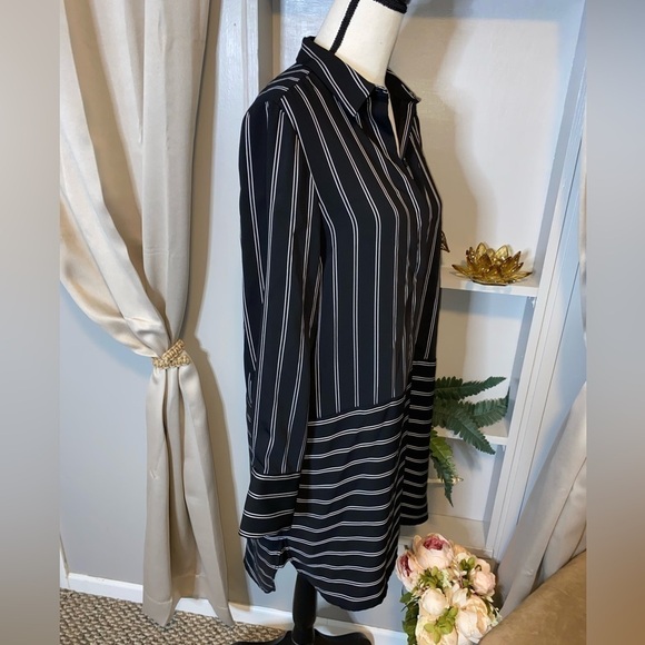 Cremieux size Small EUC White Black Pinstriped Collard Shirt Long Sleeve Dress - Picture 6 of 11